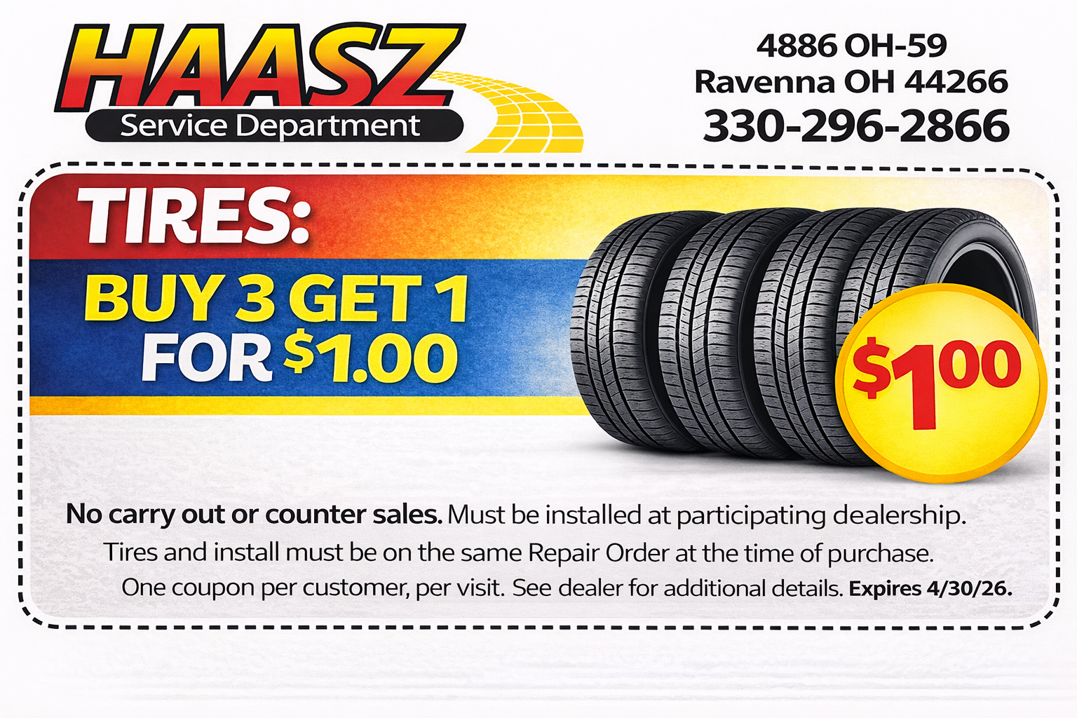 Tires - Buy 3 get 1 for $1.00